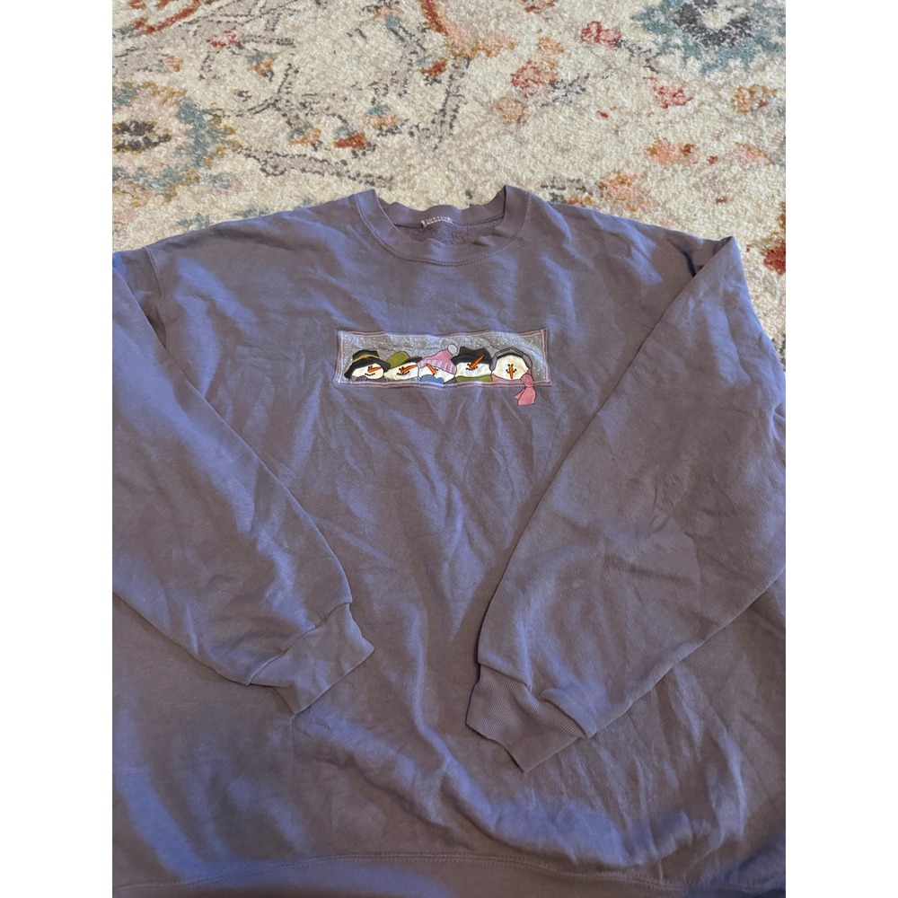 Vintage Purple Snowman Embroidered Crewneck Sweatshirt Winter Pullover Christmas